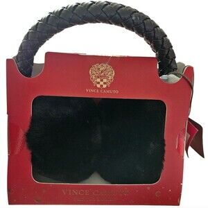 BN Vince Camuto Black Faux Leather Braided Band Faux Fur Fuzzy Winter Ear Muffs